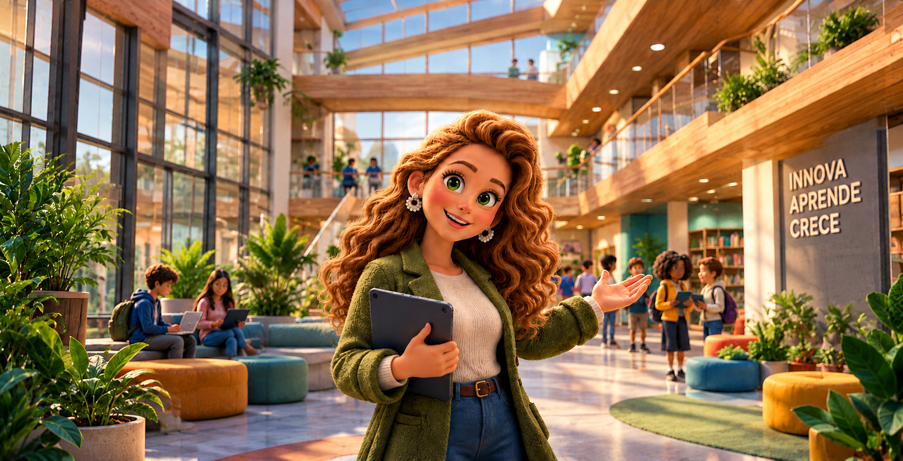 Tu colegio, más digital - Protagonista en atrio escolar luminoso con estudiantes